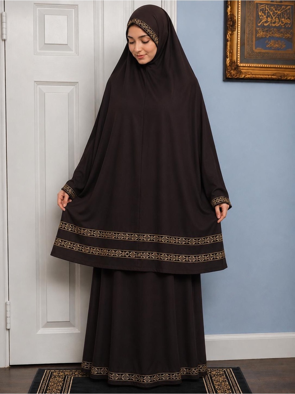 Women prayer garment Modest Black Embroidered Prayer Skirt Set